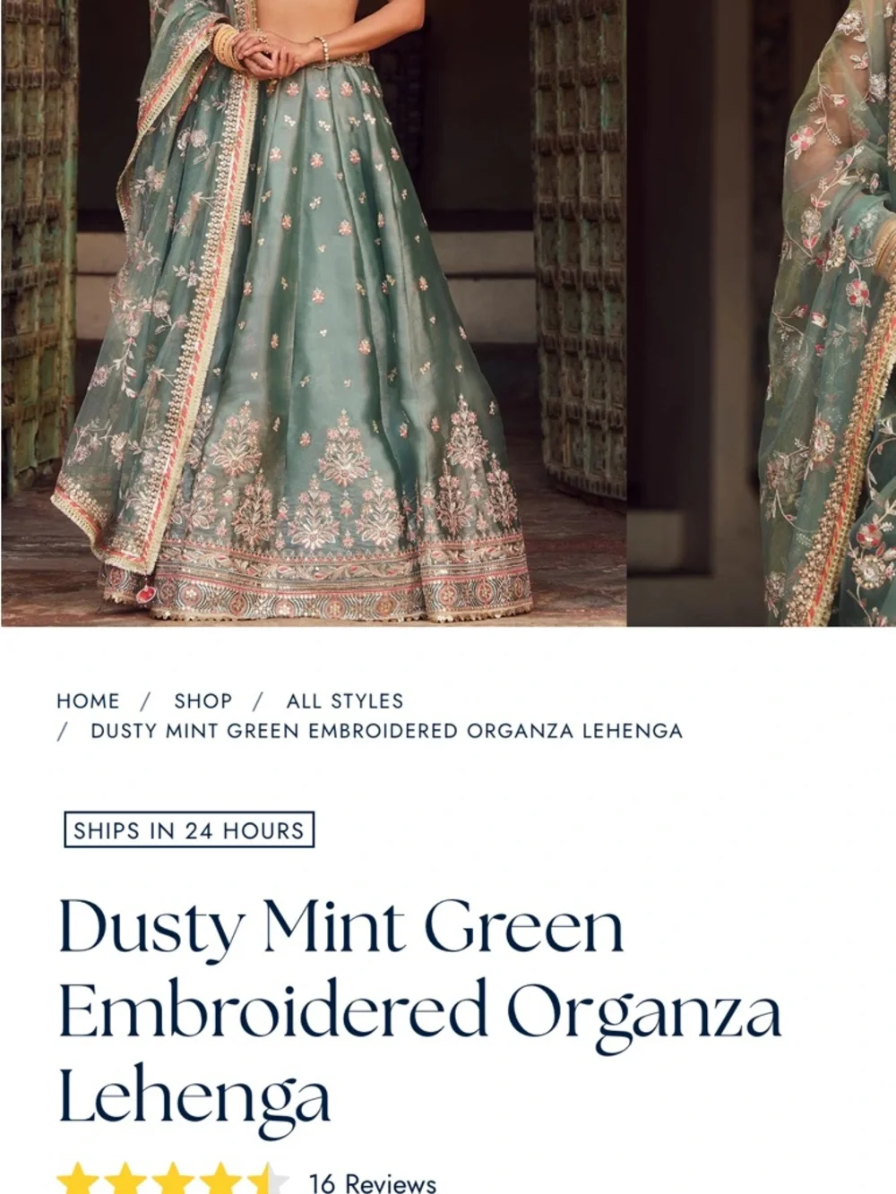 Embellished Sage Green Lehenga Set with Blouse and Dupatta - Picture 3 of 3